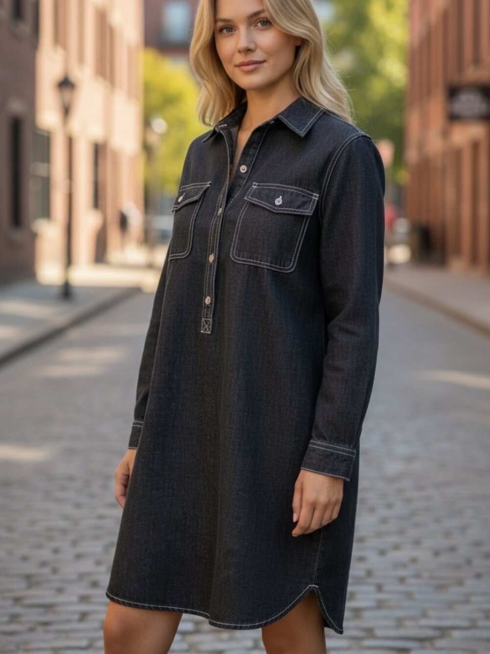 Chaps Denim Shirt Dress Womens L Dark Wash Long Sleeve Western Chambray Midi